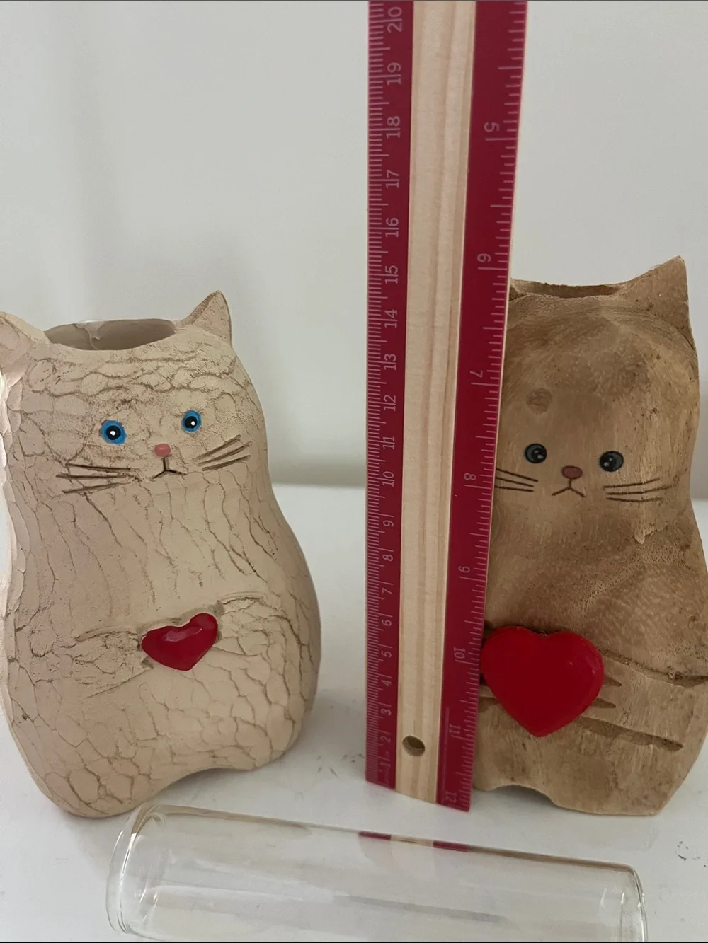 (2) Cat Shaped Resin Bud Vases in tan with red heart trim